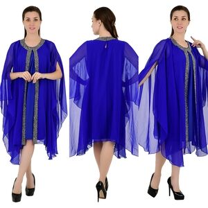 Elegant Blue Cape Dress with Silver Accents